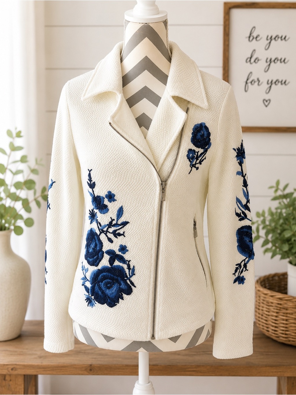Chicos   White Floral Embroidered Asymmetrical Zip Jacket Women's Size 0 / Small